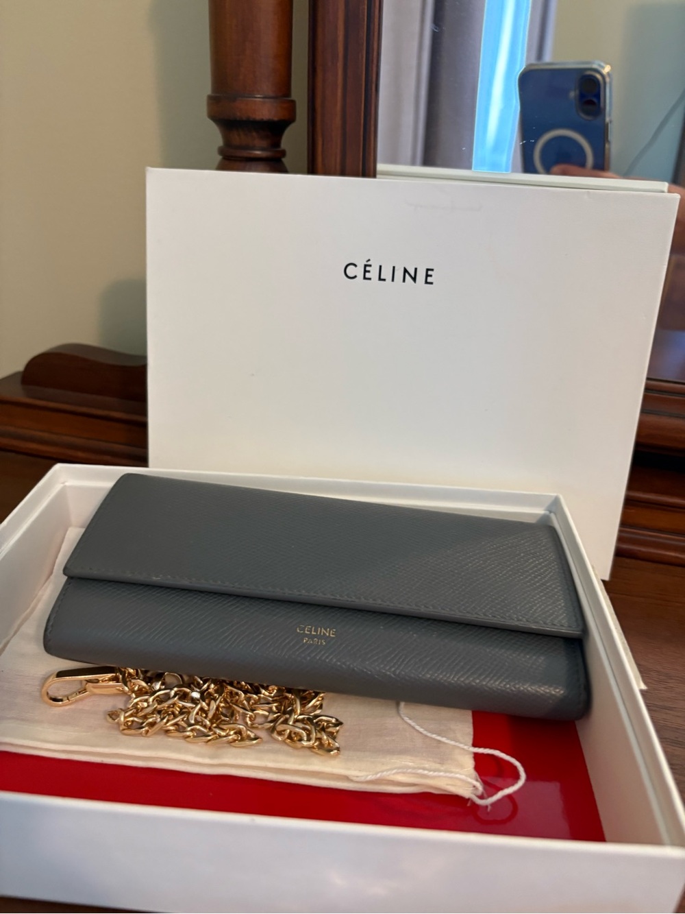Celine Gray Leather Chain Wallet - Sleek Crossbody Clutch